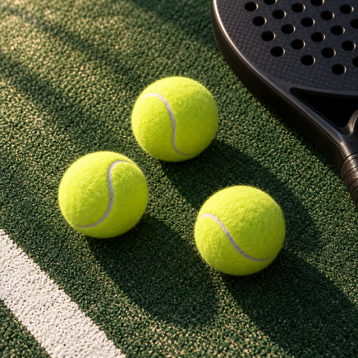 Drie verse padelballen naast een padelracket op een groene padelbaan
