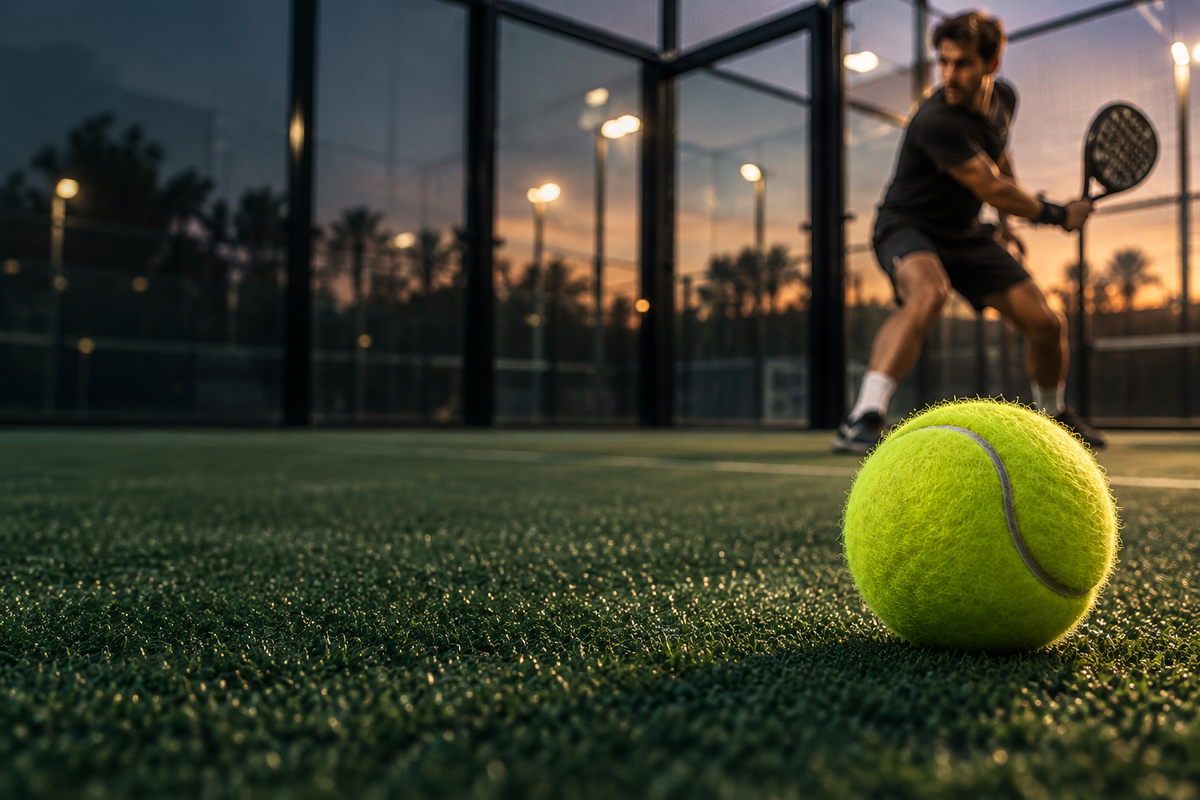 Padelspeler op een padelbaan bij avondlicht met een gele padelbal op de voorgrond